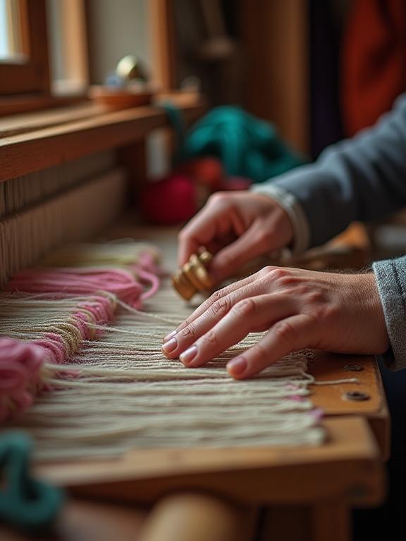 Un artigiano fiorentino al lavoro su un telaio a mano tradizionale, circondato da filati colorati.