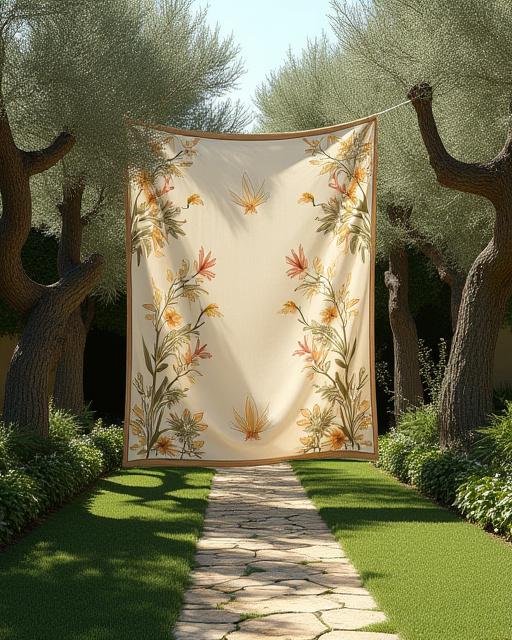 Un grande arazzo con motivi botanici appeso tra due alberi di ulivo.