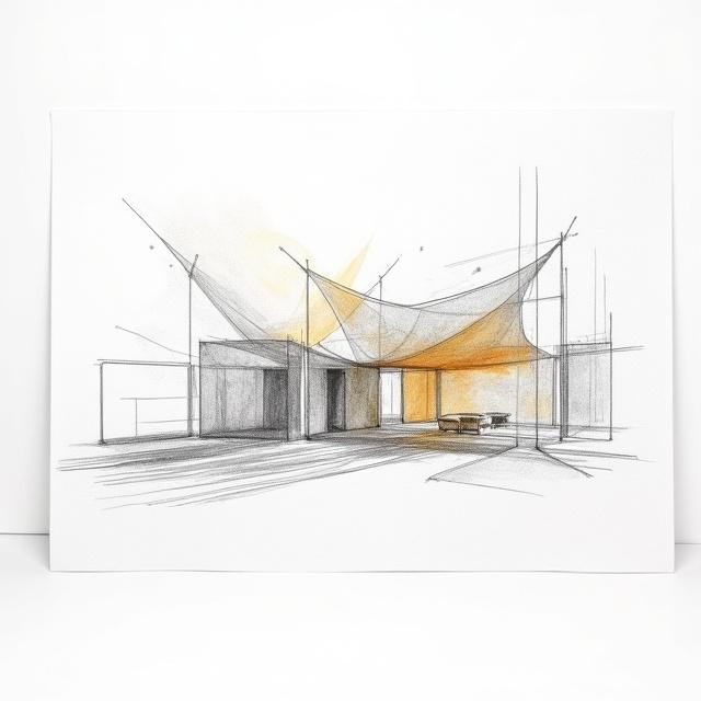 Schizzo a mano di un progetto di installazione tessile per un terrazzo.